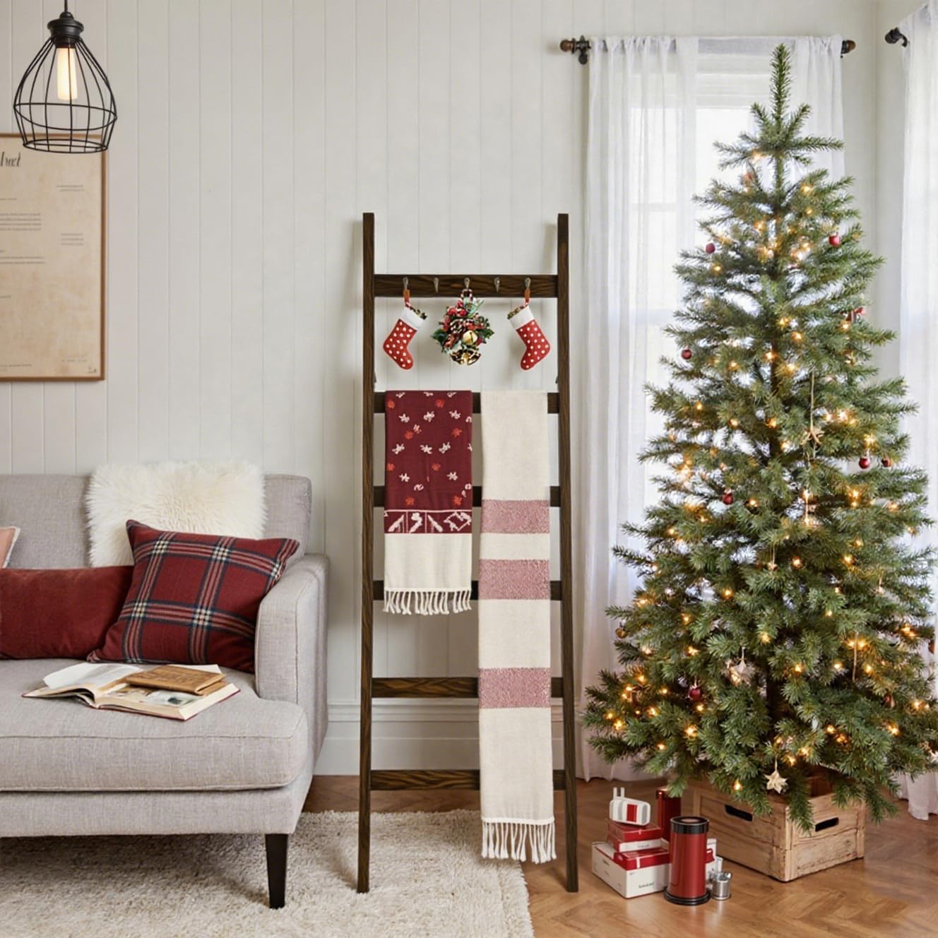 TEAKMAMA 6-Tier Blanket Ladder for Living Room and Bedroom,5.4 Ft Wall Leaning Quilt Rack with Hooks,Rustic Decorative Farmhouse Blanket Storage,Stylish Ladder Holder,Christmas Decorations,Black