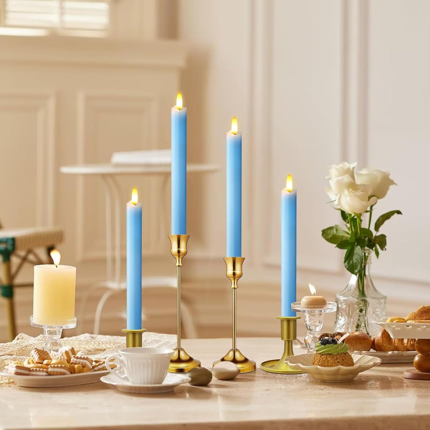 KSWING Upgraded Real Wax Short LED Flameless Taper Candles with Remote, 6 PCS White Candlesticks Battery Operated 3D Flickering - 6" Realistic Fake Candle Sticks for Home/Wedding/Fireplace Xmas Decor