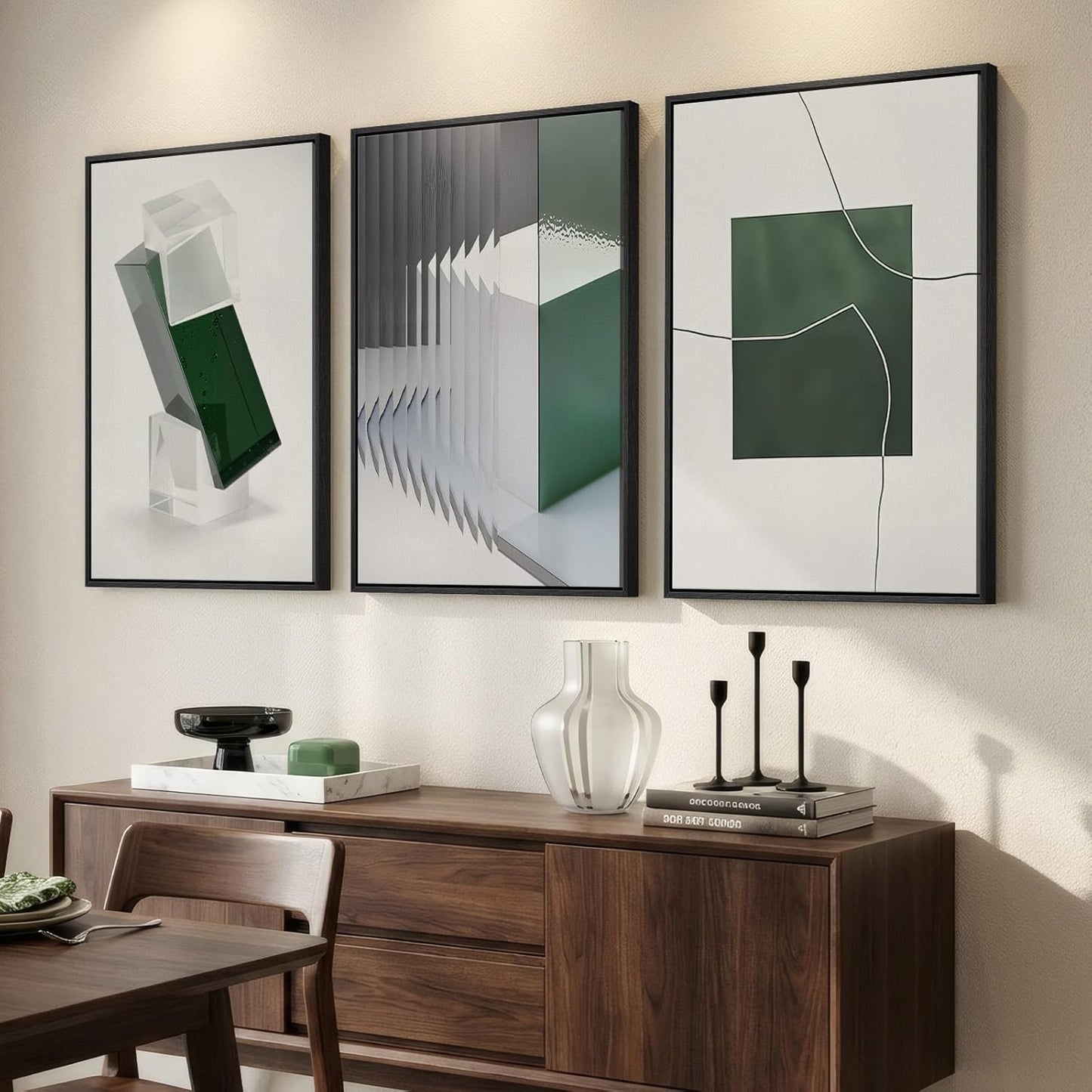 Large Framed Abstract Nature Landscape Wall Art for Living Room, Set of 3 Modern Canvas Prints Paintings Artwork for Walls, Green Lake Pictures for Hallway, Dining Room, Office Wall Decor 24x36 Inch