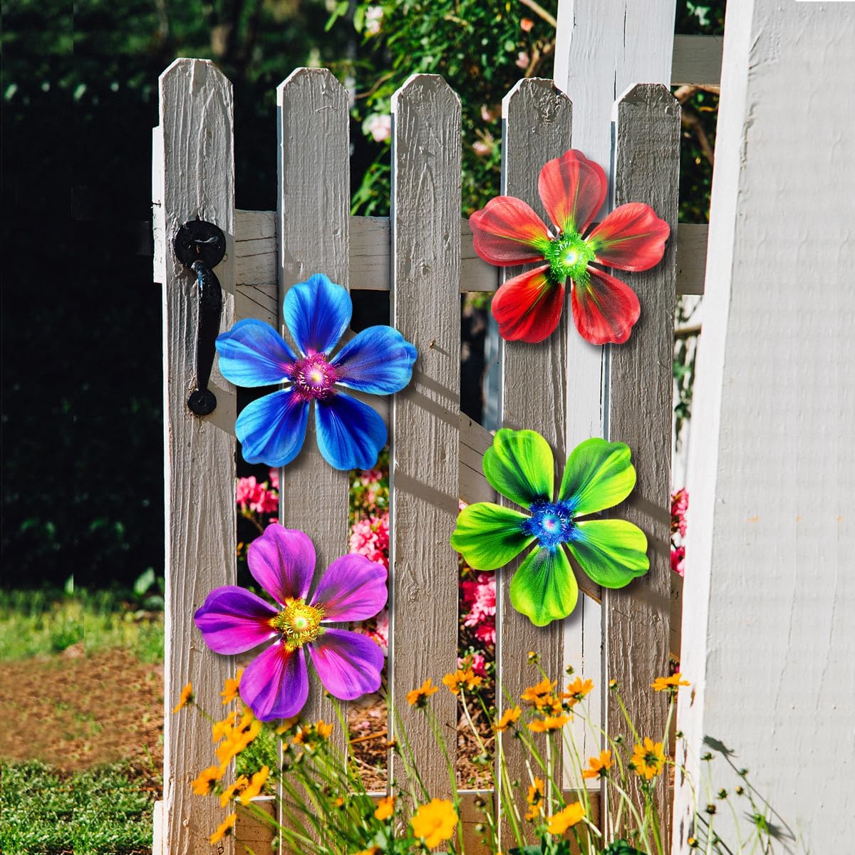 Giyyomtr Metal Flowers Wall Decor - 4pcs 6.2'' Metal Wall Art Hanging Decorations for Outdoor Fence Garden Yard Patio Exterior Wall Decor