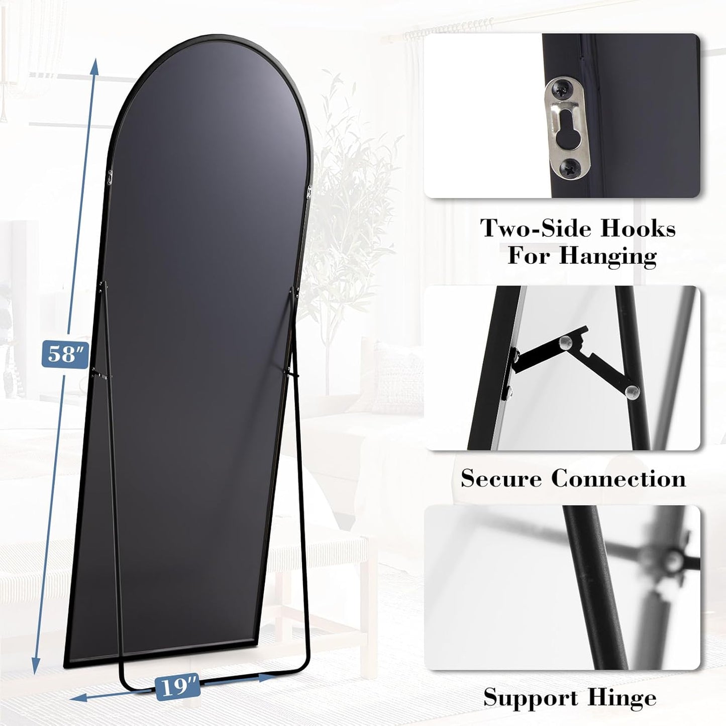 DUMOS Arched Full Length Mirror with Stand 64"x21" Floor Standing Aluminum Frame for Bedroom Body Hanging Leaning Modern Simple Home Decor Shatter-proorf Nano Glass Wall Living Room Cloakroom Black