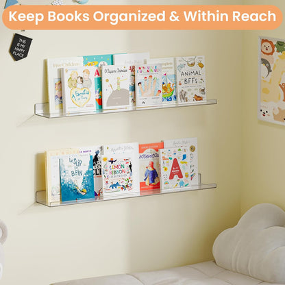 upsimples 6 Pack Acrylic Shelves for Wall Storage, 15" x 4“ Floating Bookshelves for Kids, Display Shelf Organizer for Bathroom, Bedroom, Living Room, Kitchen, Room Decor, Clear