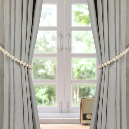 Wood Bead Curtain Tiebacks, KLOGTSIND Set of 2 Curtain Holdbacks for Thin or Thick Window Draperies, Boho Farmhouse Curtain Tiebacks with Hooks, Curtain Tie Backs for Home Office Room Decor