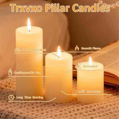 18 Pcs Ivory Pillar Candles Bulk Set，3 Different Lengths 2 x 3/4/6 Inch (6 Each)，Hurricane Candles，Dripless Unscented Smokeless，Gives You a Better Atmosphere When Organizing an Event Party.