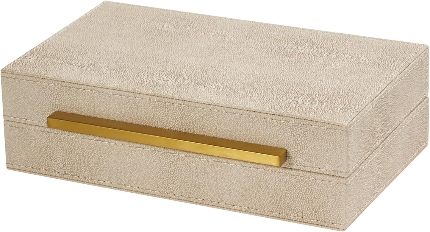 Sagala Set of 2 Ivory Shagreen Decorative Boxes With Brushed Gold Metal Handles, Faux Leather Jewelry Boxes Modern Storages Photo Memory Boxes Home Organizer Boxes (Ivory-Gold, 2pack)