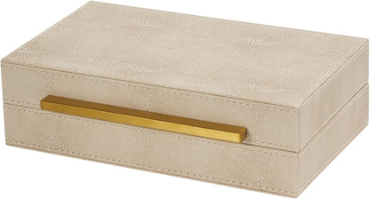 Sagala Set of 2 Ivory Shagreen Decorative Boxes With Brushed Gold Metal Handles, Faux Leather Jewelry Boxes Modern Storages Photo Memory Boxes Home Organizer Boxes (Ivory-Gold, 2pack)