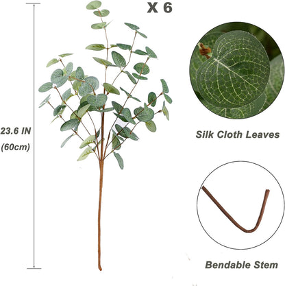 HNVNER 6 Bunches Artificial Eucalyptus Stems 24" Faux Eucalyptus Leaves Branches Silk Fake Green Foliage Artificial Plants Greenery for Flower Arrangement Home Wedding Party Decoration