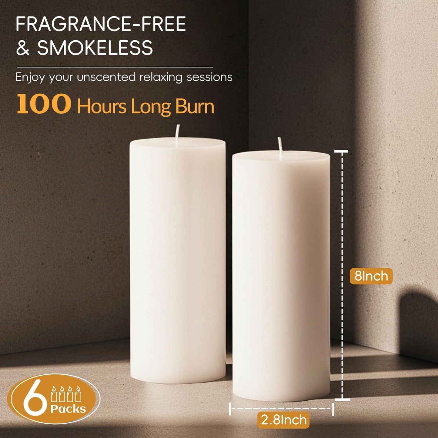 Unscented Ivory Pillar Candles Set of 6-2.8x4 inch - Dripless and Smokeless Large Pillar Candles, 50-Hours Long Burning Time Paraffin Candle for Dinner Table, Christmas and Home Decor