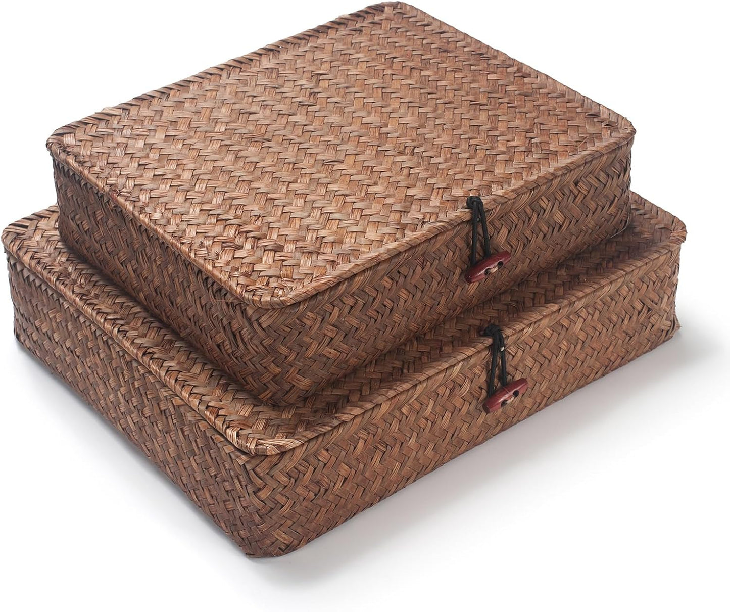 Seagrass Storage Basket Box with Lid Rectangular Woven Shelf Baskets Bins for Organize Snack Toys Set of 2 Natural Decorative(Large+Small)