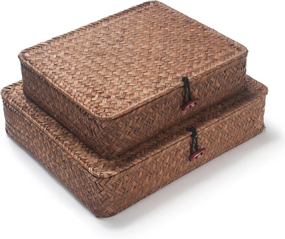 Seagrass Storage Basket Box with Lid Rectangular Woven Shelf Baskets Bins for Organize Snack Toys Set of 2 Natural Decorative(Large+Small)