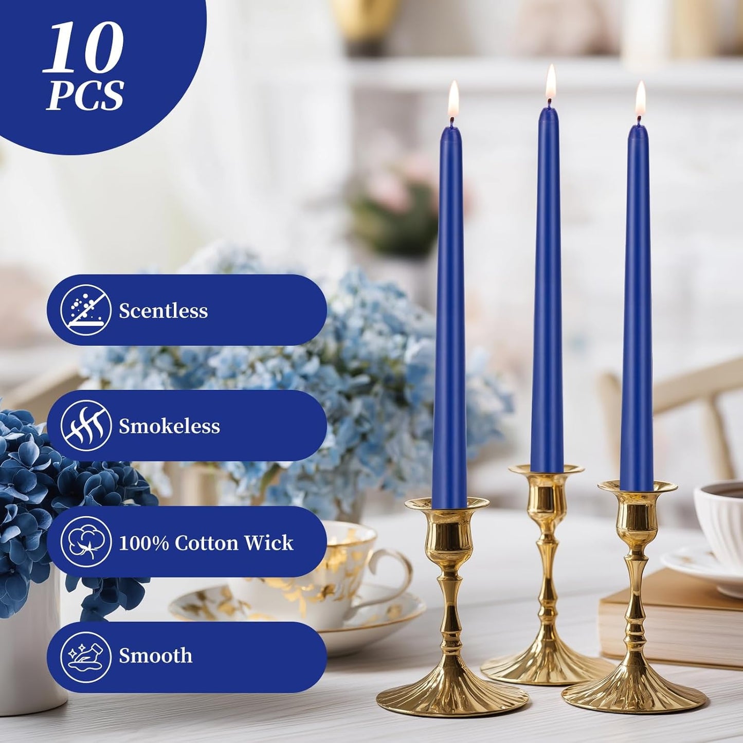 KONNI 0.87×10 Inch Ivory Taper Candles, Unscented and Smokeless Tall Candlesticks, 10 Pack Tapered Candles with Cotton Wicks, Long Burning, Ideal for Weddings, Dinner Parties, and Home Décor