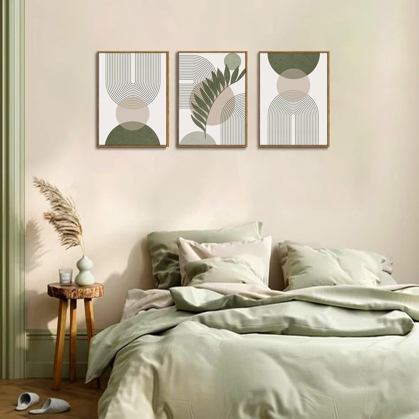 Bwodke Boho Wall Art, Framed Abstract Wall Art, Green Botanical Neutral Canvas Wall Decor, Large Mid Century Plant Pictures Set of 3, Modern Minimalist Paintings, for Bedroom Living Room Bathroom