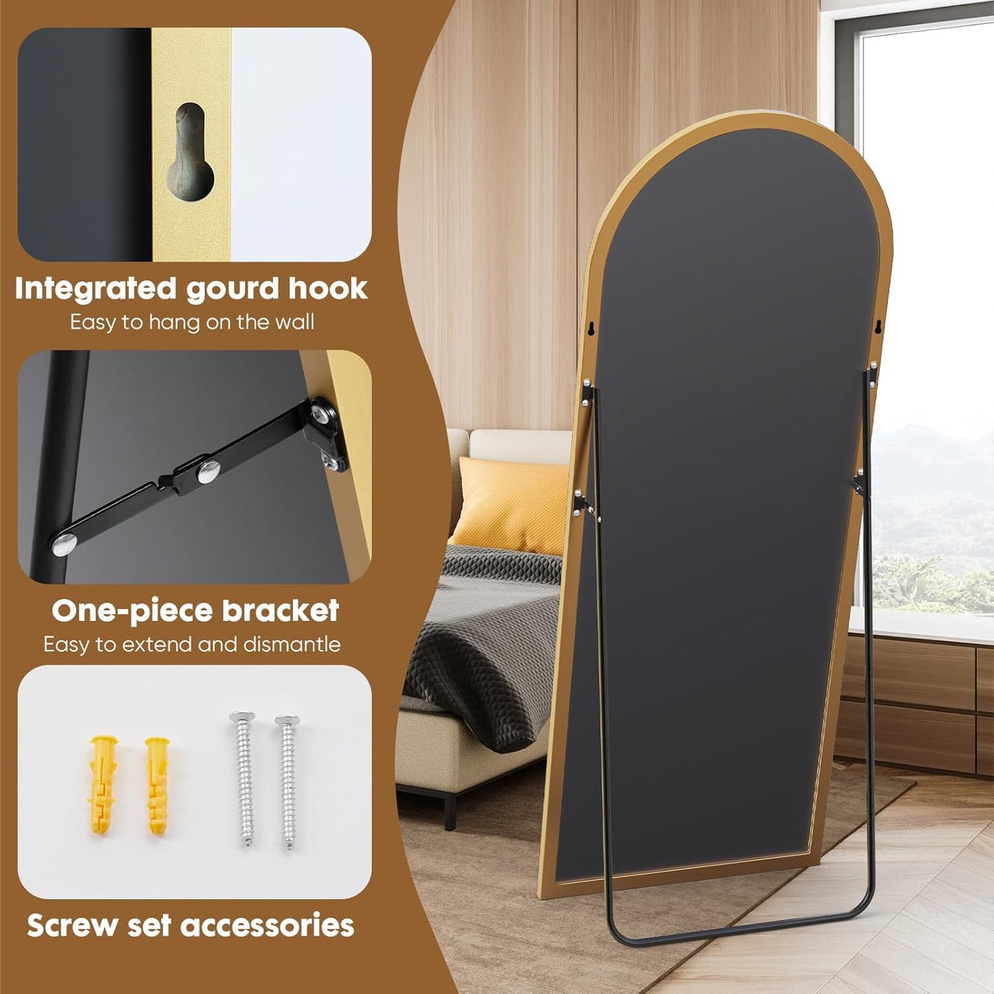 DUMOS Arched Full Length Mirror with Stand 64"x21" Floor Standing Aluminum Frame for Bedroom Body Hanging Leaning Modern Simple Home Decor Shatter-proorf Nano Glass Wall Living Room Cloakroom Black