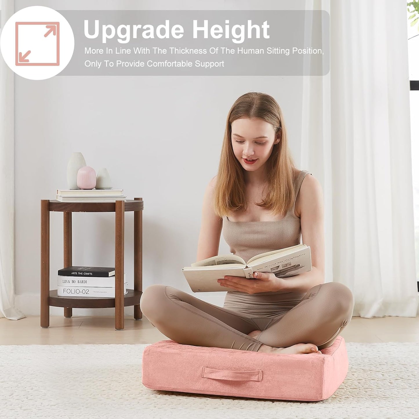 JKMAX 2 Pcs High Density Foam Floor Pillow - Upgraded Large Pillows Seating for Adults - Outdoor Floor Cushion with Soft Tufted Cover - Yoga Pillows for Sitting On Floor - 22 Inch Light Gray