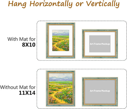 Golden State Art,11x14 Ornate Picture Frame for 8x10 Photo with Mat or 11 x 14 Prints without Mat,Real Glass Wall Display(Color:Green Gold)