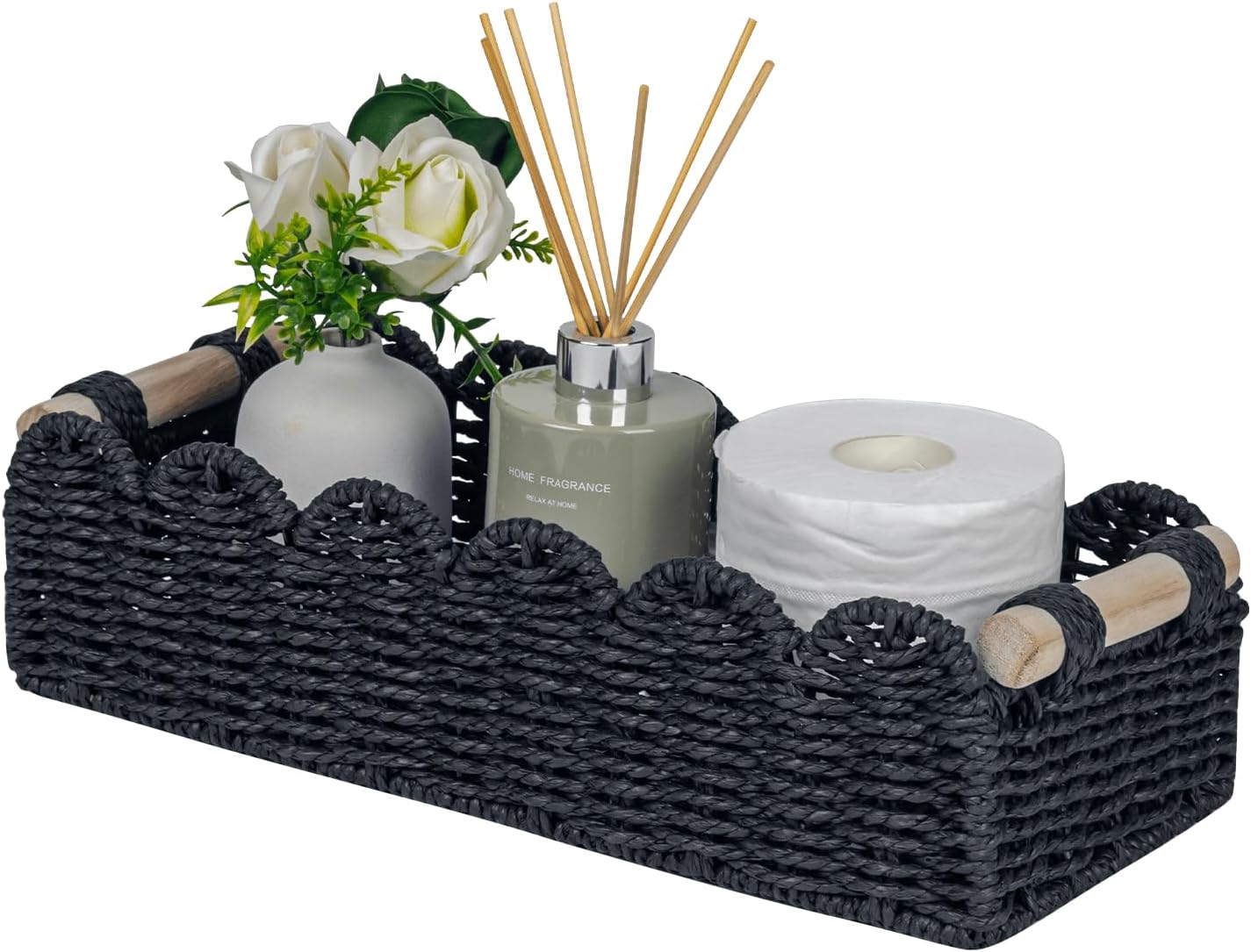 CubesLand Paper Rope Scalloped Edge Toilet Paper Storage Basket, Small Living Room, Bedroom Decor Baskets for Over Toilet Storage Shelf, End Table, Shelves and More, with 2 Wooden Handle, Neutral