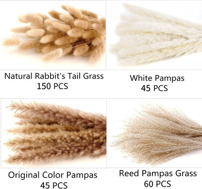 65PCS Pampas Grass Decor, Including pompas Floral, Reed Dried Grass and Bunny Tails Dried Flowers, Natural Dried Pampas Grass Bouquet for Boho Decor Wedding, Home Decoration