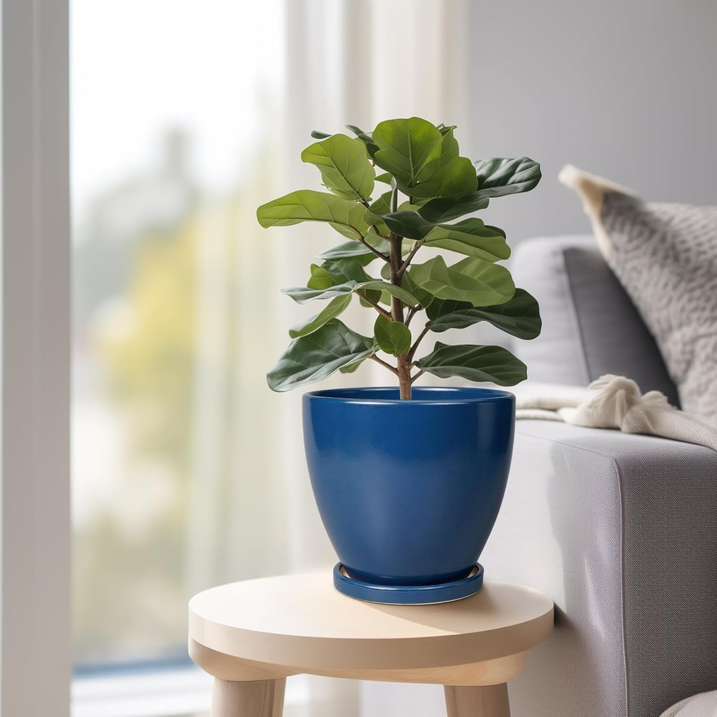 10 Inch Ceramic Planter Pot Round Plant Pot for Indoor Plants Outdoor Large Flower Pot with Drainage Hole and Saucer Blue