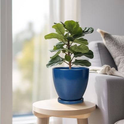 10 Inch Ceramic Planter Pot Round Plant Pot for Indoor Plants Outdoor Large Flower Pot with Drainage Hole and Saucer Blue