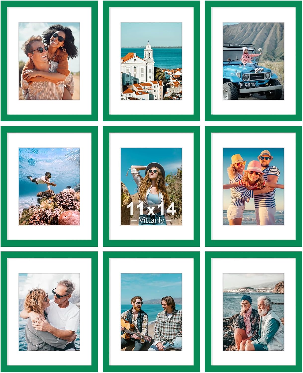 Vittanly 8x10 Picture Frames Set of 9, Shatter Resistant Plexiglass, Display 5x7 Pictures with Mat or 8x10 without Mat, Photo Frames for Wall or Tabletop, Engineered Wood, Black - Colors B