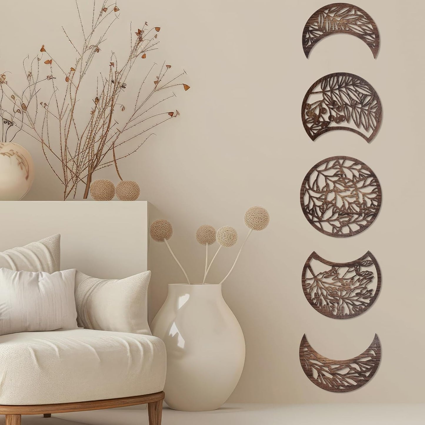 Jetec 5 Pcs Moon Phase Wall Art Decor Wall Pediments Hanging Wooden Phase Spiritual Bedroom Nordic Boho Lunar Aesthetic Art for Living Room Dorm Apartment Ornament(Brown,10.6 Inch,Botanical)