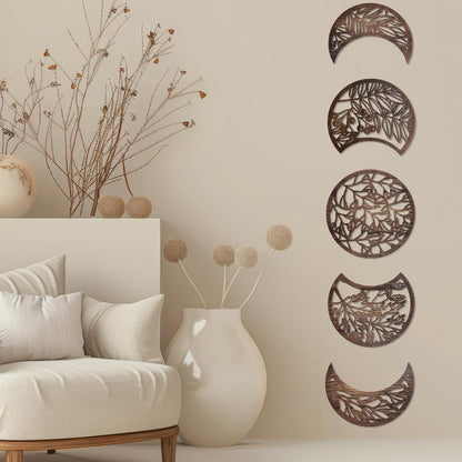 Jetec 5 Pcs Moon Phase Wall Art Decor Wall Pediments Hanging Wooden Phase Spiritual Bedroom Nordic Boho Lunar Aesthetic Art for Living Room Dorm Apartment Ornament(Brown,10.6 Inch,Botanical)