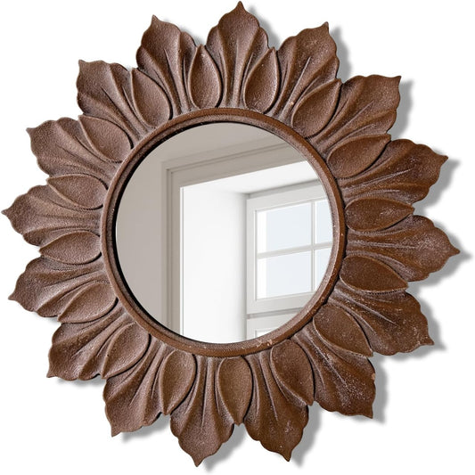 Sunflower Sunburst Wall Mirror, 22" Distressed Gold Wooden Frame, Handcrafted Petal Floral Design, Vintage Farmhouse Style Mirror for Wall Decor for Living Room, Bedroom, Bathroom, Vanity