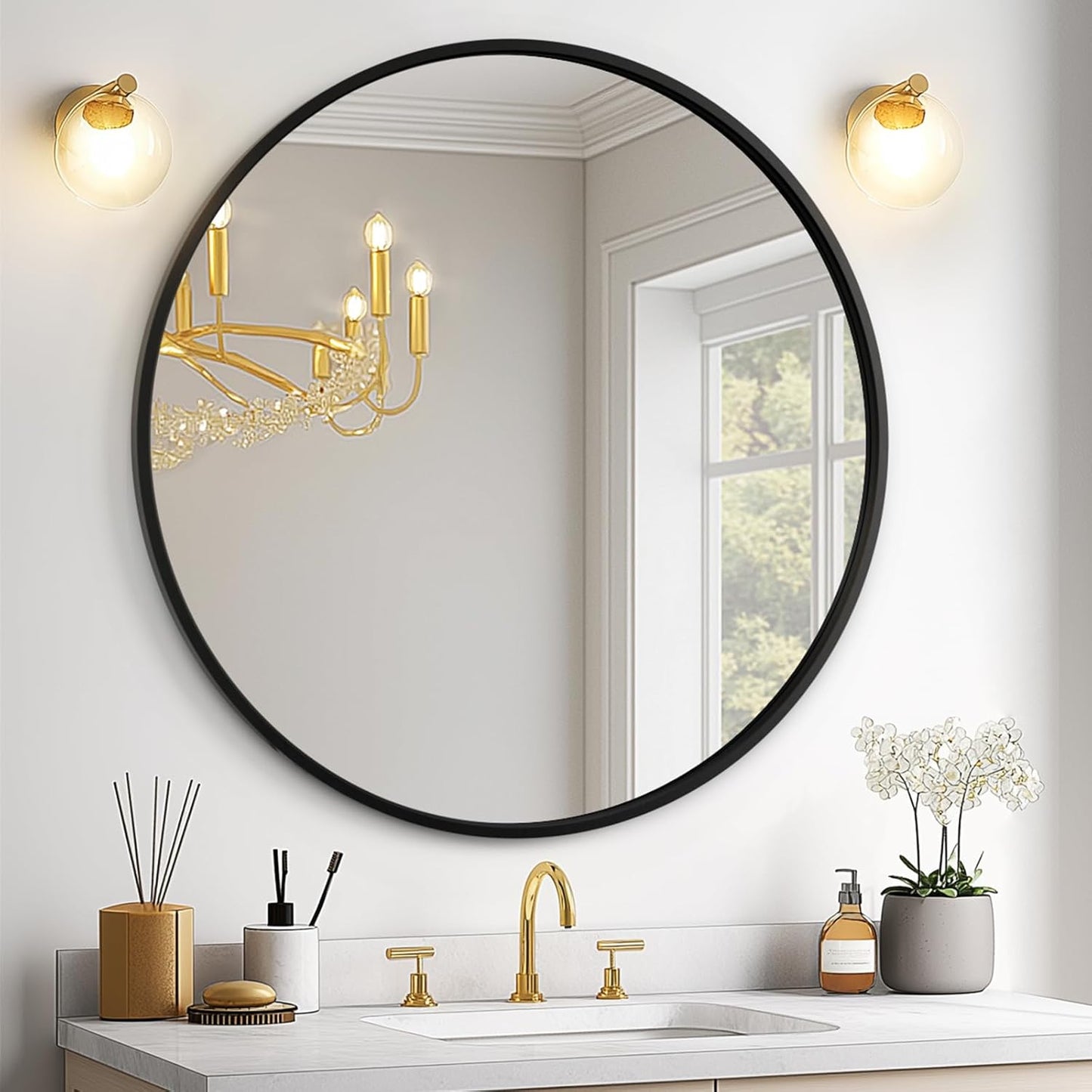 USHOWER Bathroom Mirrors for Over Sink, 36 Inch Circle Mirror with Metal Frame, Black Wall Mirror for Vanity, Entryway, Living Room, Hallway and Bedroom Decor