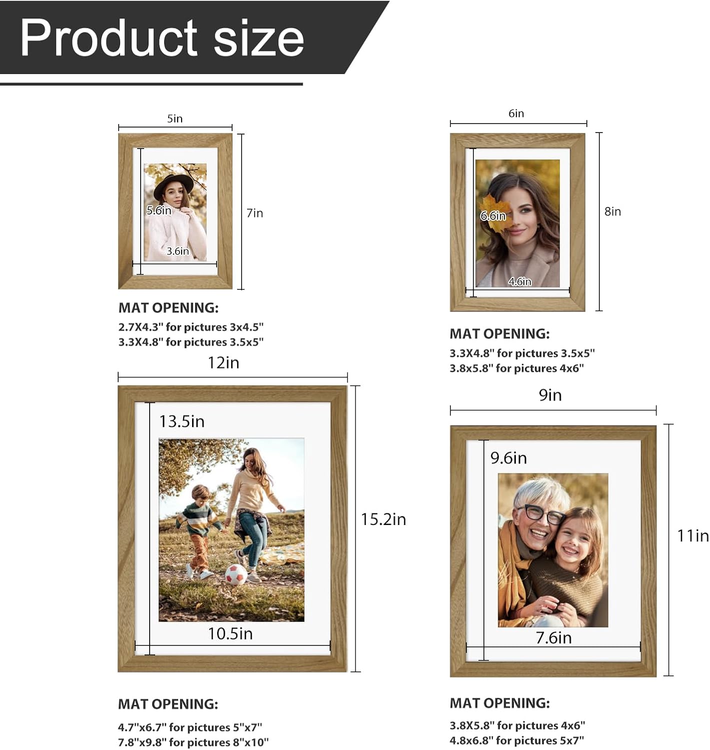 Egofine Picture Frame Set 12 Pack, Picture Frames Collage Wall Decor with Two 11x14, Two 8x10, Four 5x7, Four 4x6 for Wall and Tabletop, Made of Solid Wood, Covered by Plexiglass, Natural Wood