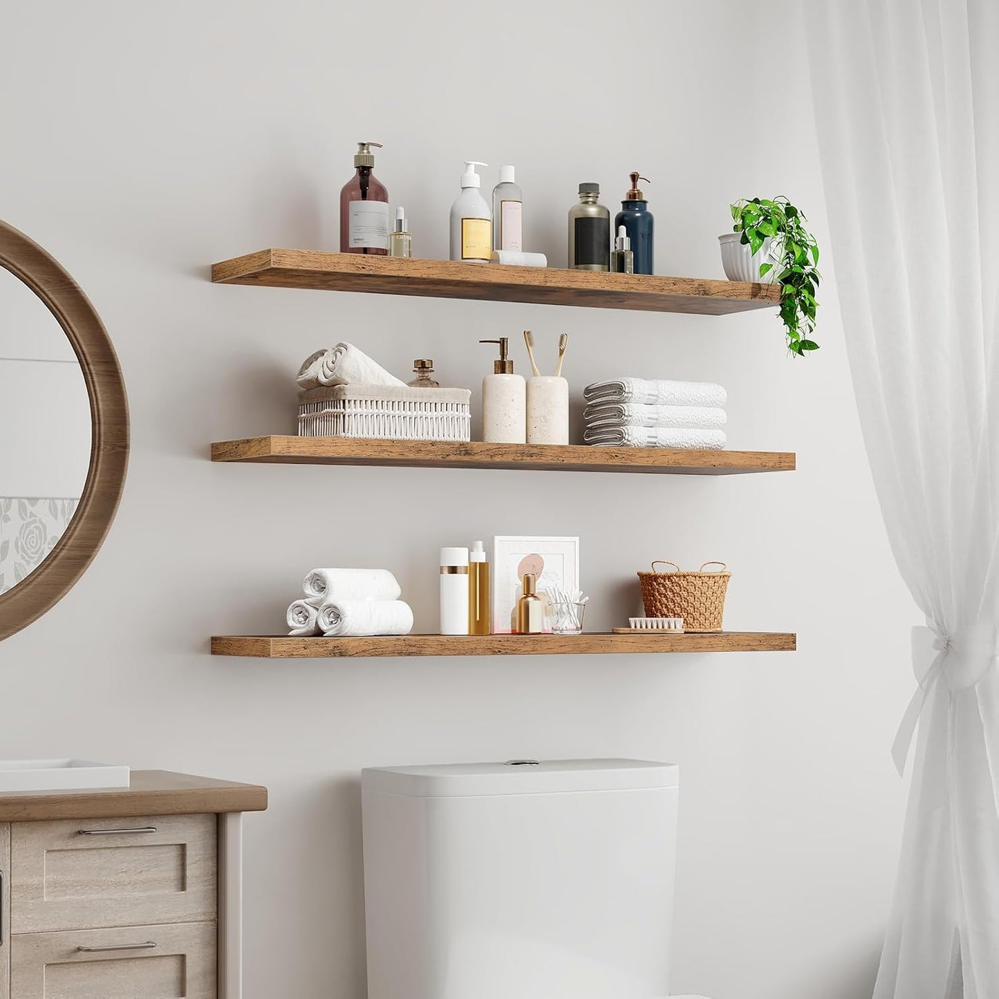 RALGEND Floating Shelves for Wall, 1.5" Thick Wall Shelf Set of 3 with Invisible Brackets, L31.5 x W7.9 Hanging Shelves Farmhouse Home Decor for Bathroom, Living Room, Bedroom, Rustic Brown 8301BJP3BF