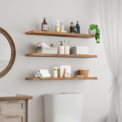 RALGEND Floating Shelves for Wall, 1.5" Thick Wall Shelf Set of 3 with Invisible Brackets, L31.5 x W7.9 Hanging Shelves Farmhouse Home Decor for Bathroom, Living Room, Bedroom, Rustic Brown 8301BJP3BF