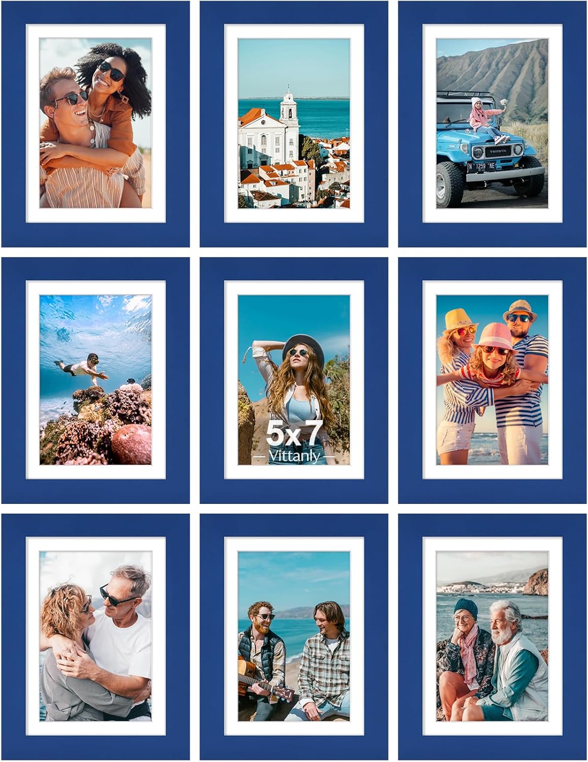 Vittanly 8x10 Picture Frames Set of 9, Shatter Resistant Plexiglass, Display 5x7 Pictures with Mat or 8x10 without Mat, Photo Frames for Wall or Tabletop, Engineered Wood, Black - Colors B