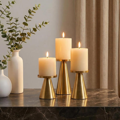 Gold Iron Plate Candle Holder Set of 3-4 & 4.7 & 6.4 Inch Tall, Decorative Iron Pillar Candle Plate, Elegant Candle Stand for LED & Wax Candles, Incense Cones, Spa, Weddings (Candles Not Including)