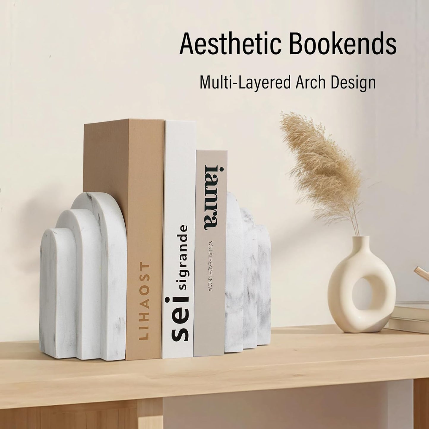 LIN CHUAN Heavy Duty Bookends for Shelves, 6.6 LBS Heavy Book Ends for Heavy Books, Decorative Modern Bookends with Faux Sandstone Look, Layered Arch Book Stopper for Bookshelf Holder Set of 2, Beige