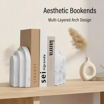 LIN CHUAN Heavy Duty Bookends for Shelves, 6.6 LBS Heavy Book Ends for Heavy Books, Decorative Modern Bookends with Faux Sandstone Look, Layered Arch Book Stopper for Bookshelf Holder Set of 2, Beige