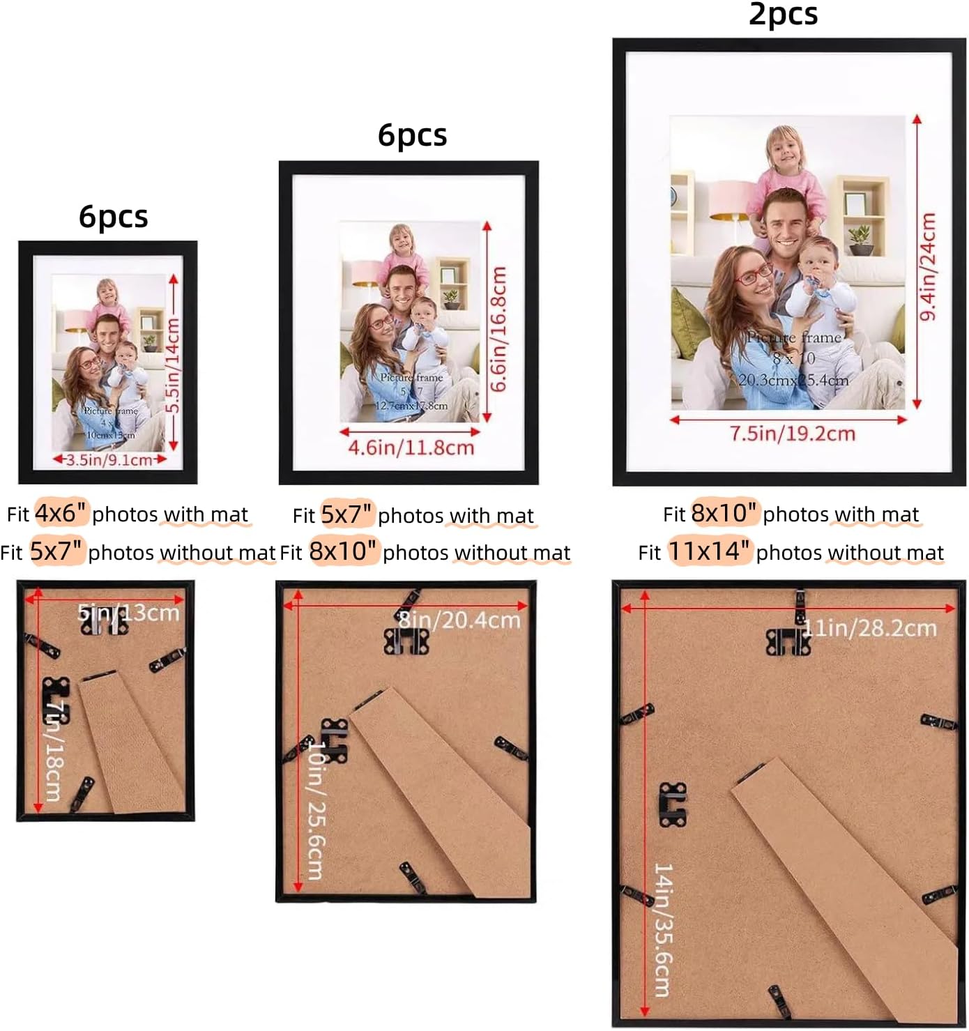 Giftgarden 14 Pack Black Picture Frames Set, 2pcs 11x14 Matted for 8x10, 6pcs 8x10 Matted for 5x7, 6pcs 5x7 Matted for 4x6, Gallery Frame Collage for Wall or Tabletop Display