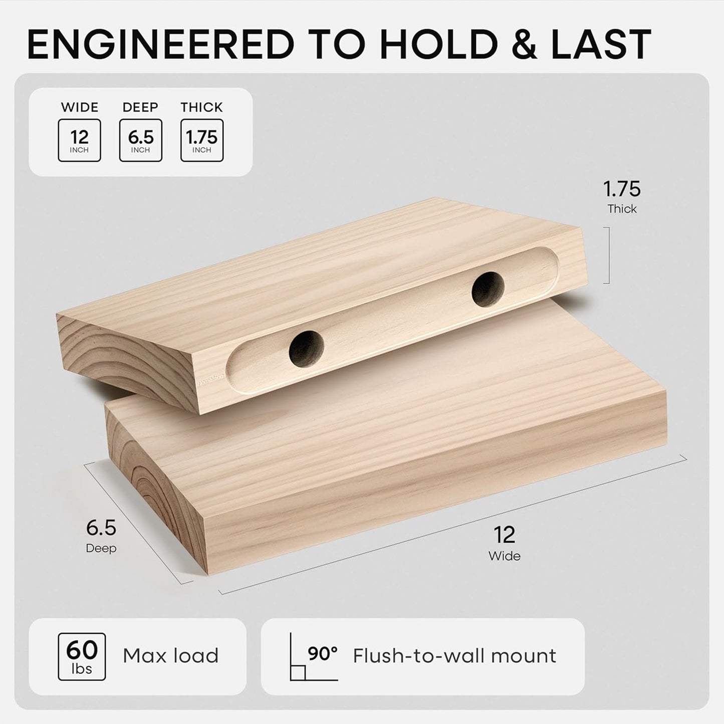 Homeforia 24 inch Natural Floating Shelf, High End Solid Real Wood 24inch Small Floating Shelves for Wall Mounted, Natural Wooden Floating Shelves, Heavy Duty Bracket, 24 X 6.5 X 1.75 in, Set of 2