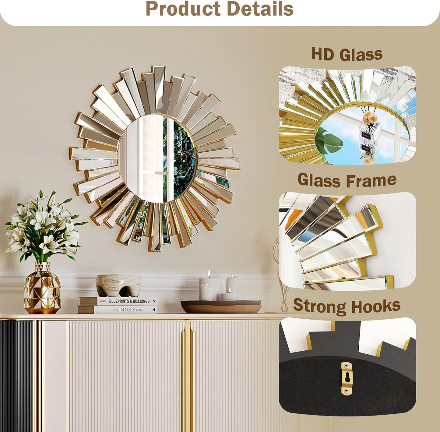 Gold Sunburst Mirror, 26" Sun Mirror Wall Decor with Beveled Glass Frame, Starburst Mirrors for Entryway, Dining Room, Living Room
