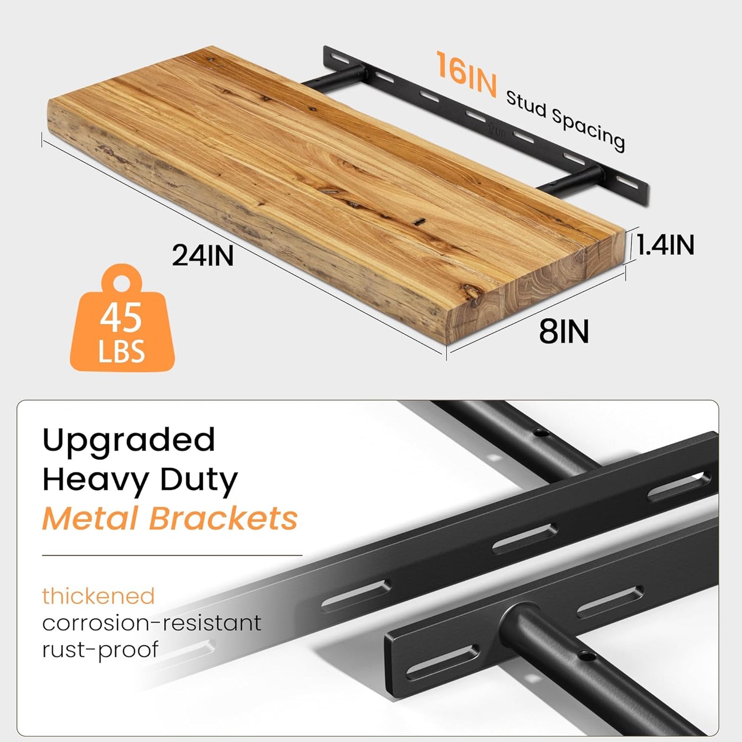 Floating Shelves 36 Inches Long - 8 Inch Deep Rustic Premium Solid Pine Wood for Storage - Farmhouse Wall Mounted for Living Room - Heavy-Duty Metal Bracket - 36" W x 8" D - Set of 2 - White Color