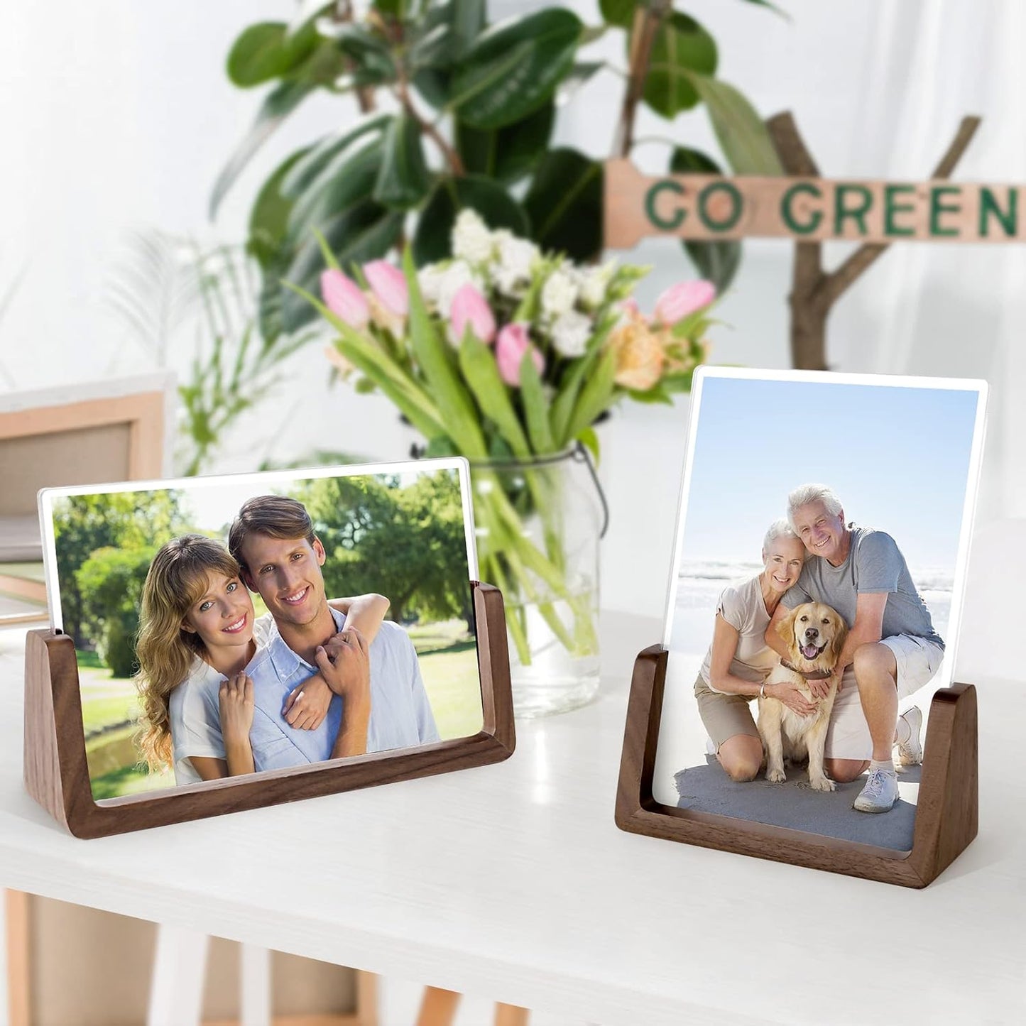 Mixoo 4x6 Picture Frame 2 Pack - Rustic Wooden Picture Frames with Walnut Wood Base and High Definition Break Free Acrylic Photo Covers for Desk Tabletop Display Graduation Gifts Teacher Appreciation Gifts (Horizontal + Vertical)