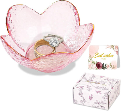 Purple Flower Jewelry Dish Glass Ring Holder Dish Jewelry Tray Cute Vanity Organizer Aesthetic Nightstand Bathroom Room Decor Trinket Dish Mothers Day Friendship Christmas Birthday Gifts for Women