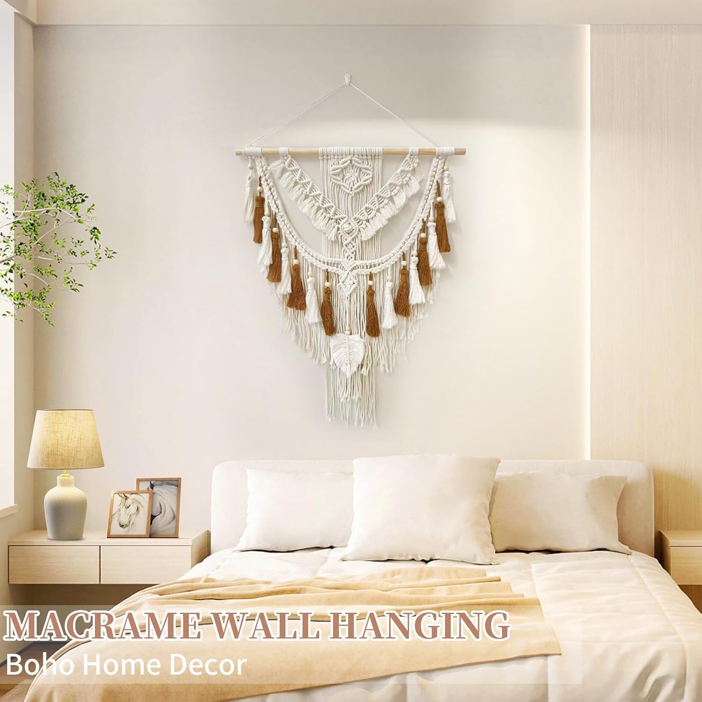 Lokeisna Macrame Wall Hanging, Woven Tapestry Beige & Dusty Rose Handmade Craft Macrame Wall Decor, Gallery & Nursery, Size 37.4” Lx27.5” W