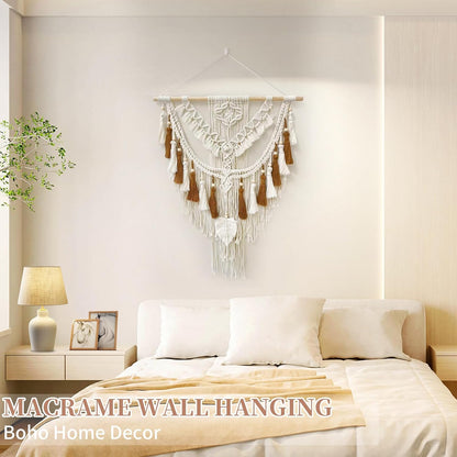 Lokeisna Macrame Wall Hanging, Woven Tapestry Beige & Dusty Rose Handmade Craft Macrame Wall Decor, Gallery & Nursery, Size 37.4” Lx27.5” W