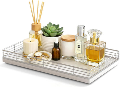 Bathroom Vanity Tray for Countertop, 12" x 6" Acacia Wood Toilet Tank Tray with Metal Guardrail, Bathroom Organizer for Soap, Perfume & Skincare, Non-Slip Decorative Tray for Dresser, Black & Acacia