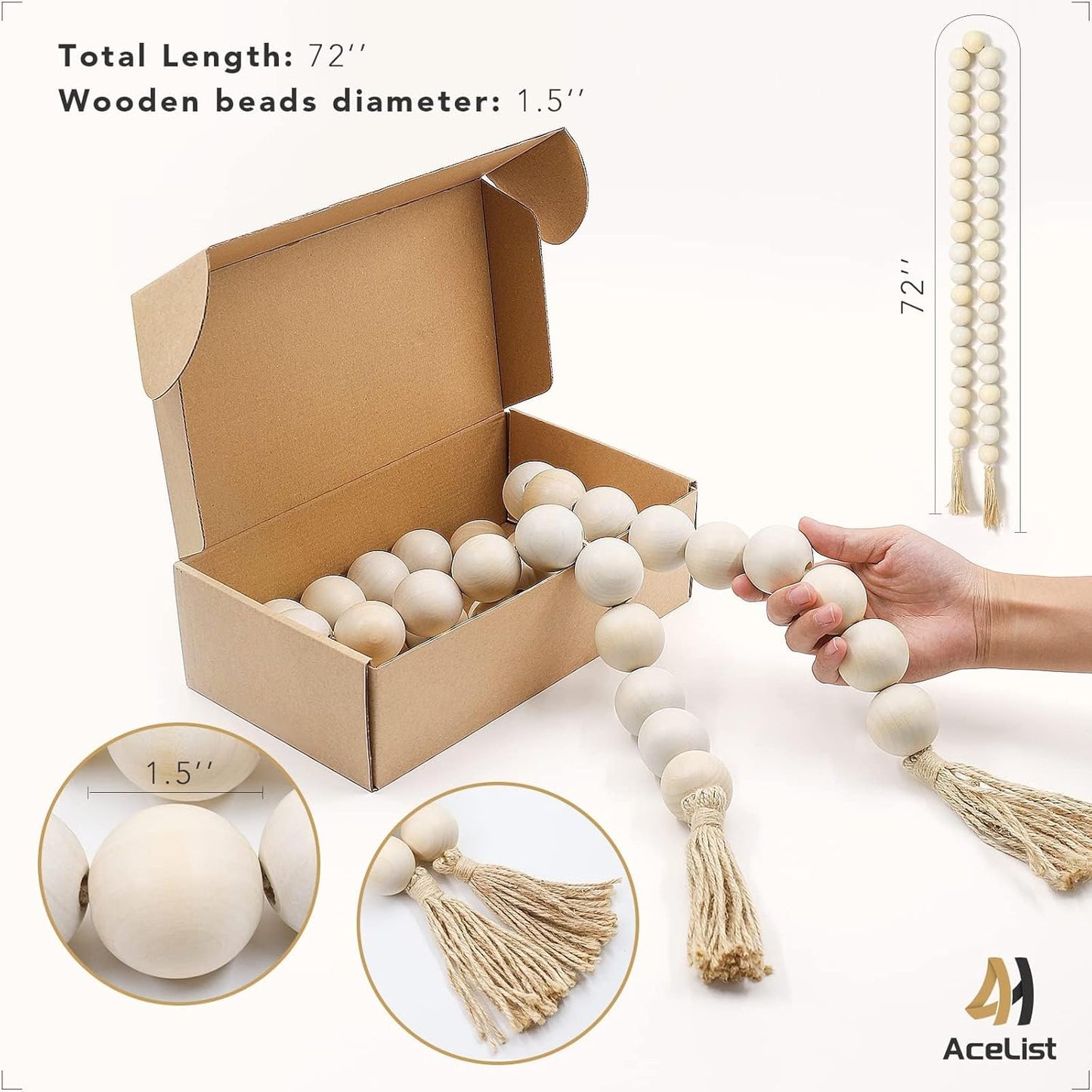 AceList 72" Large Wood Bead Garland with Tassels - Chunky Boho Farmhouse Decor for Coffee Table, Mantel & Entertainment Center - Natural Prayer Beads & Coastal Tray Styling (1.5 Inch Big Beads)