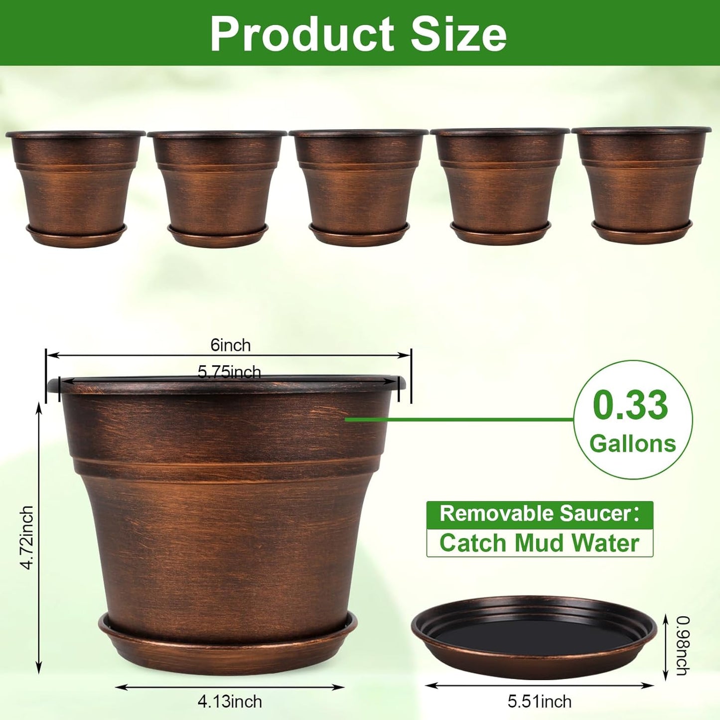 Fodetyff 10 Inch Planters Plant Pots Indoor Outdoor, 4 Pack Plastic Flower Pot for Indoor Plants with Drainage Holes & Trays, Resin Decorative Container Sets with Saucer for House Garden Copper