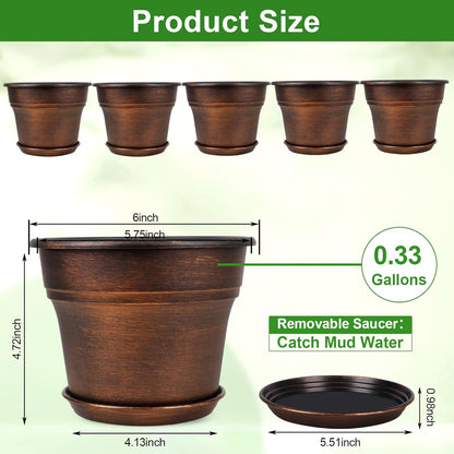 Fodetyff 10 Inch Planters Plant Pots Indoor Outdoor, 4 Pack Plastic Flower Pot for Indoor Plants with Drainage Holes & Trays, Resin Decorative Container Sets with Saucer for House Garden Copper