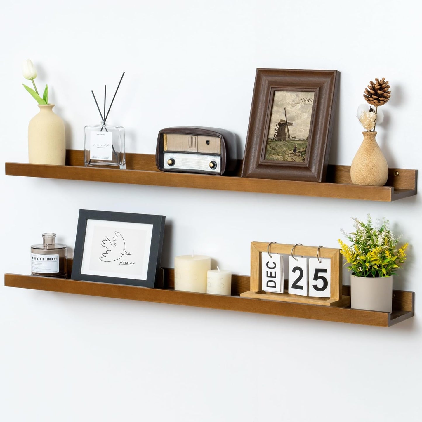 FLYJOE Picture Ledge Shelf, Floating Shelves Set of 2, Solid Pine Wood 55'' Long Large Nursery Book Shelves for Toys Storage, Kids Bookshelf for Living Room Bedroom Decor Books Photo Frames, Walnut