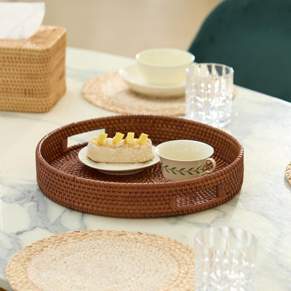 13.8 inch Round Rattan Tray, Decorative Coffee Table Tray, Ottoman Tray, Woven Serving Tray with Handles, Wicker Serving Basket, Whitewash