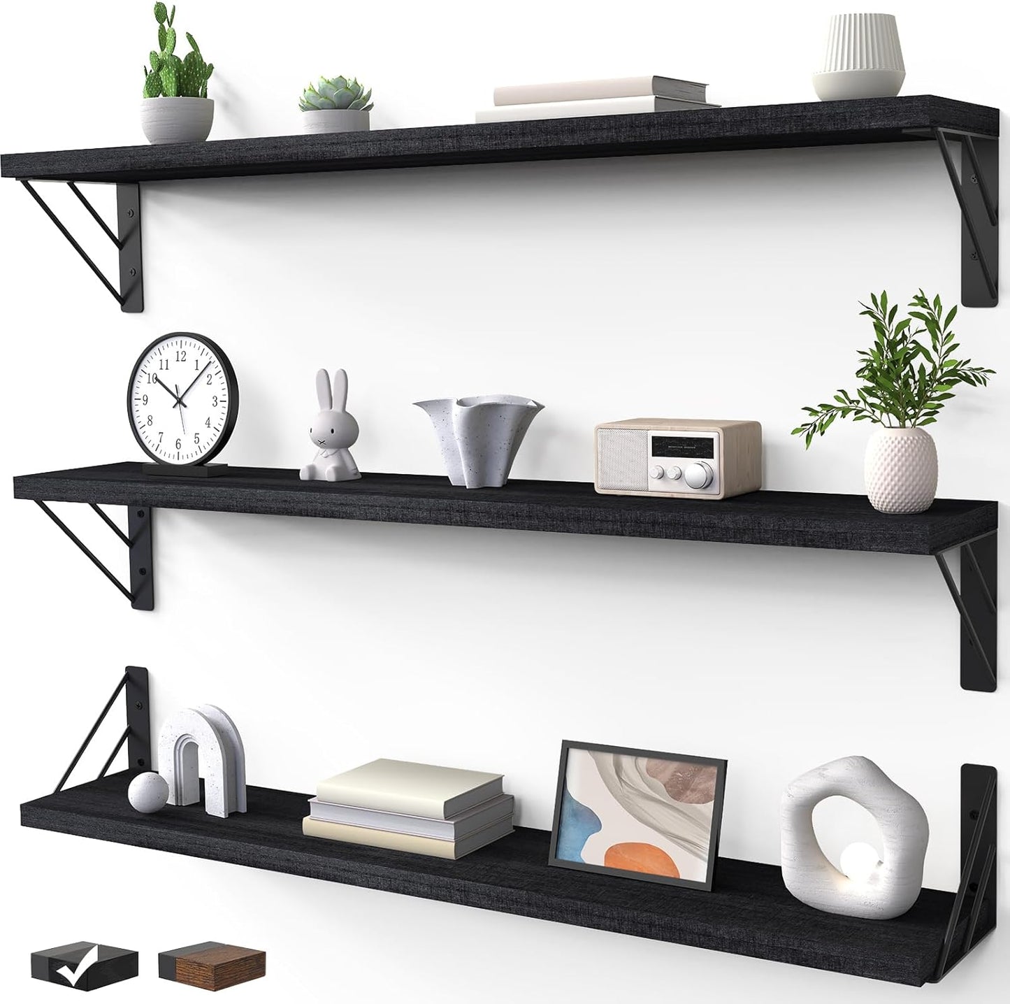 BAYKA Wall Mounted Floating Shelves, Wood Floating Wall Shelf for Books & Decor, Small Space-Saving Display & Organizer（Black，Set of 3）